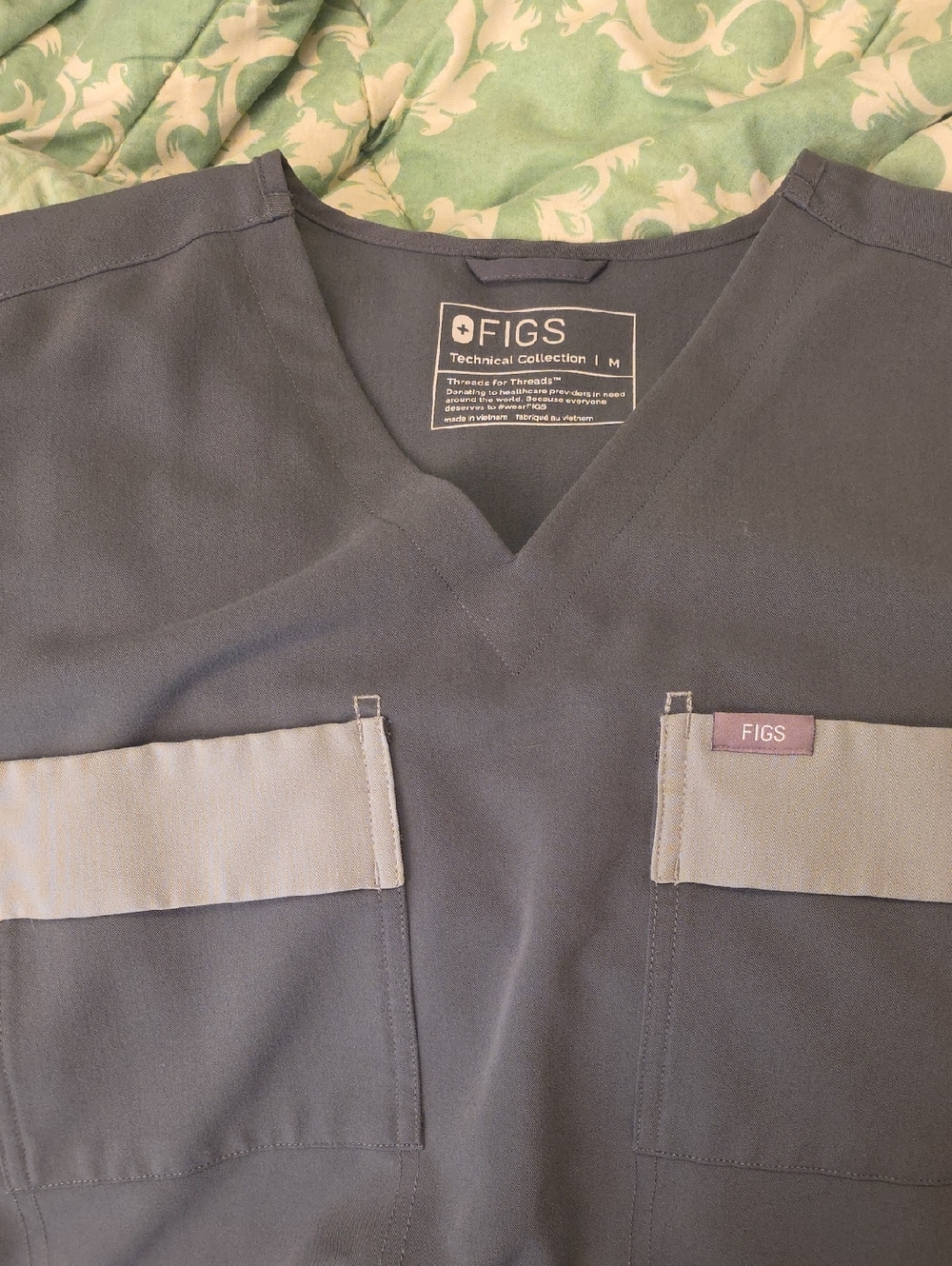 FIGS Dark Moss Scrub Top with Light Moss Pocket Trim